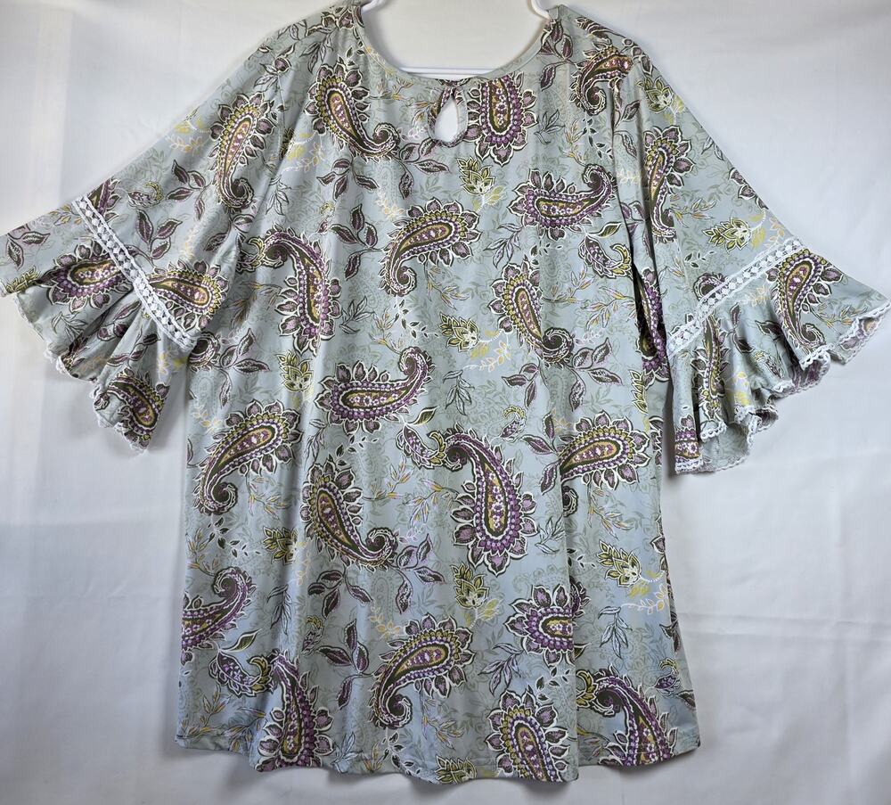 Boho Style Paisley Print Sage Green Blouse With Bell Sleeves Size XXL